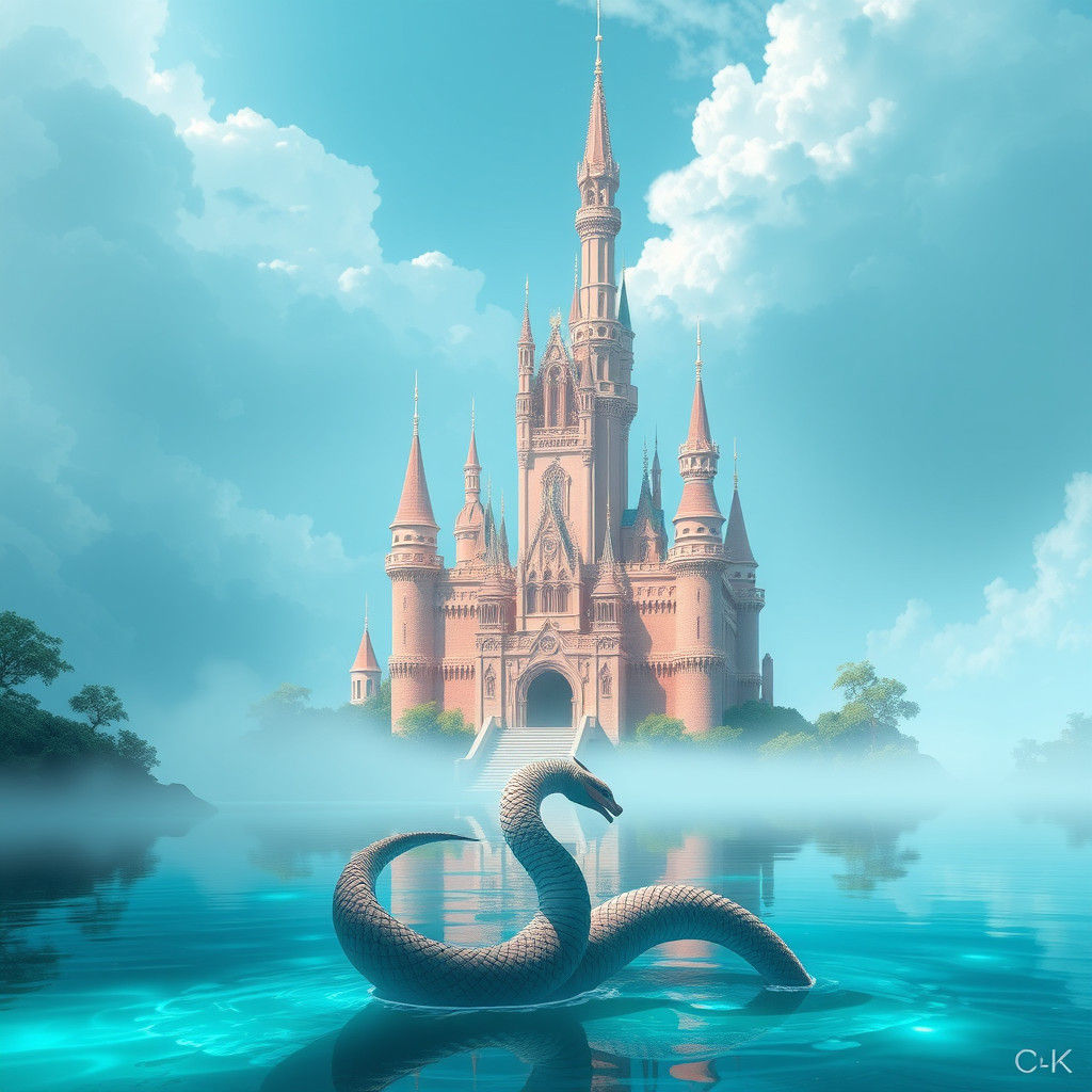 Rose Castle and Serpentine Monster in Teal Lake
