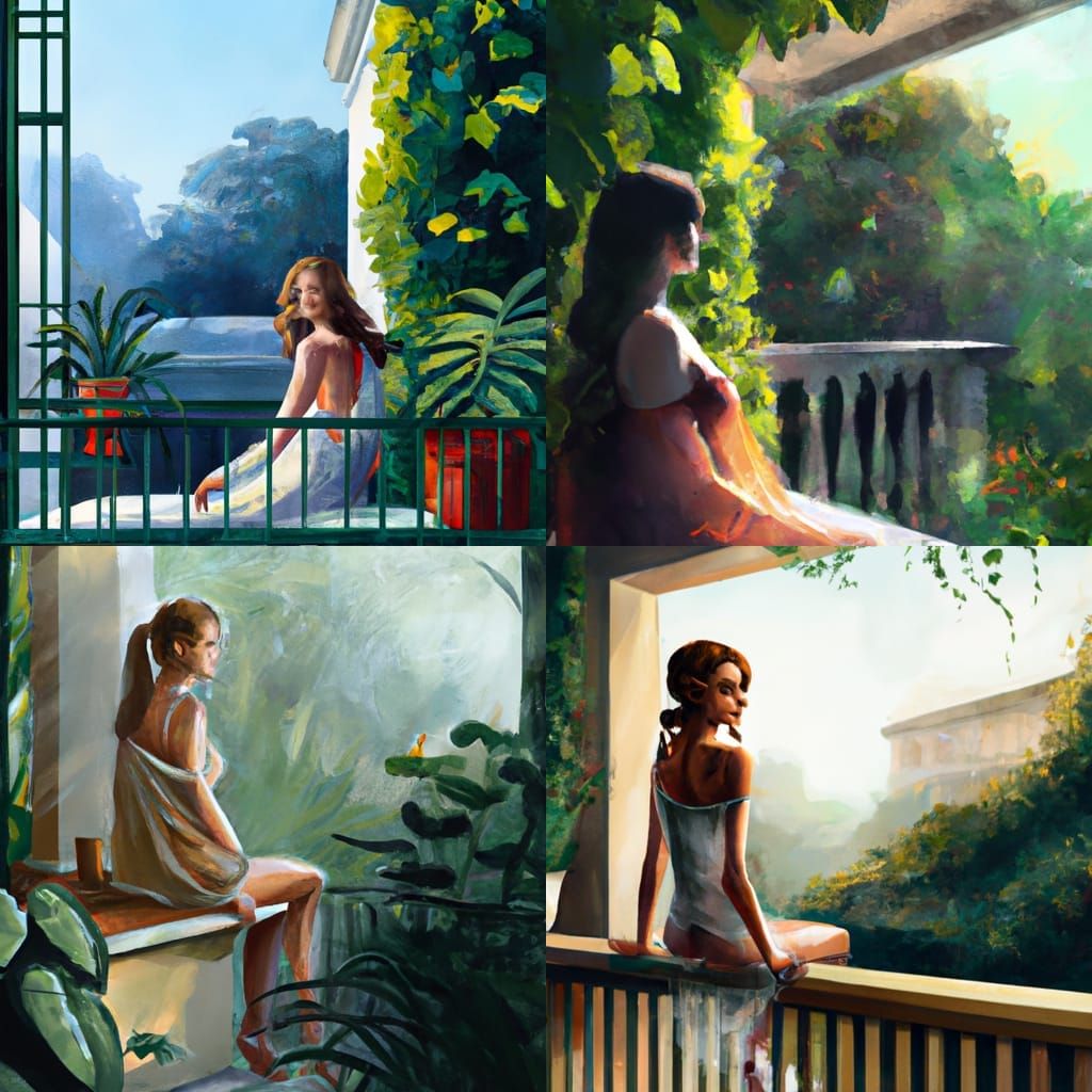 Woman on Balcony Overlooking Garden, Hyperdetailed Portrait
