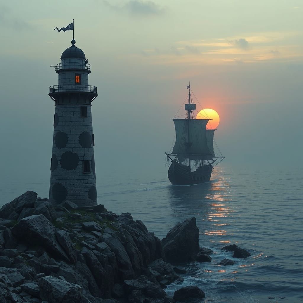 Ghost Galleon and Lighthouse at Dusk