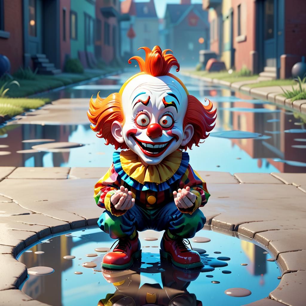 Boy Makes Clown Face Reflection: Pixar-style Concept Art