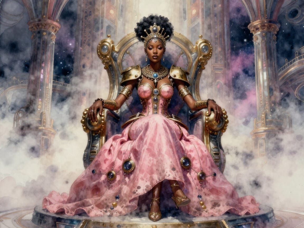 West African Queen in Steampunk Pink Dress on Futuristic Thr...