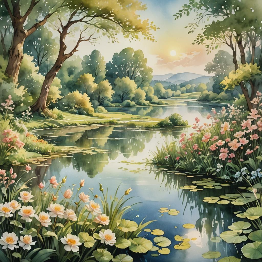 Rococo Watercolor Landscape with Golden Lighting