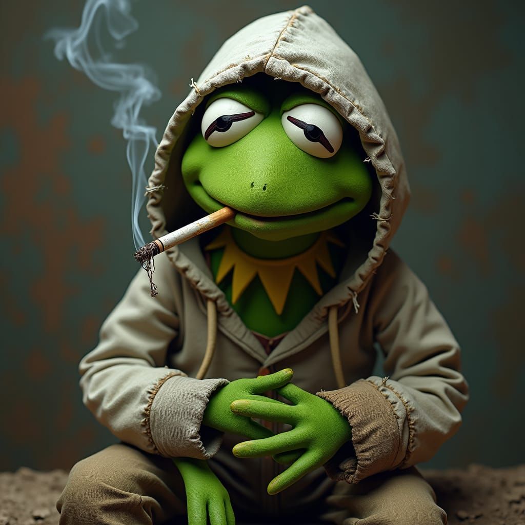 Weary Kermit Smokes in Dreamlike Matte Painting