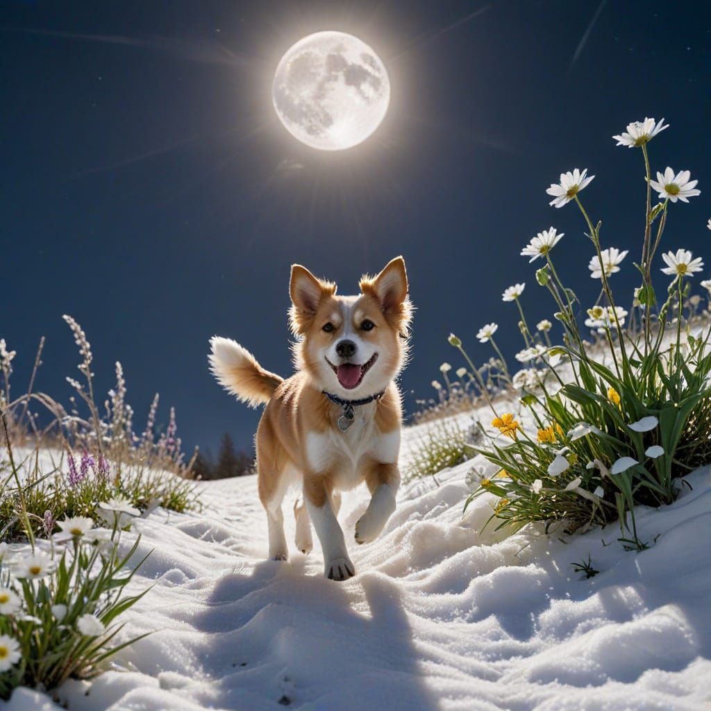 A Dog Surfs on a Wave of Flowers Under a Snowy Moonlit Sky