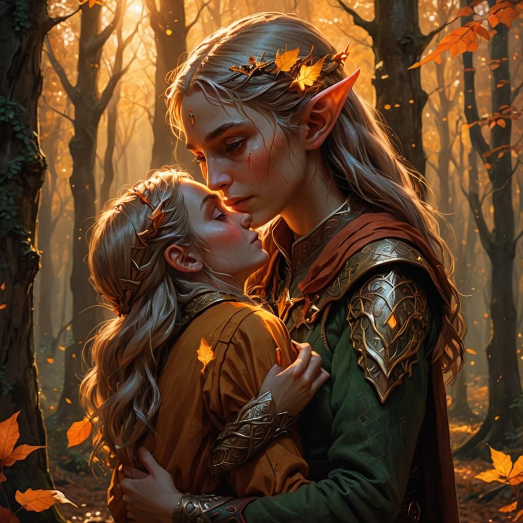 Elf's Poignant Embrace in Autumnal Forest