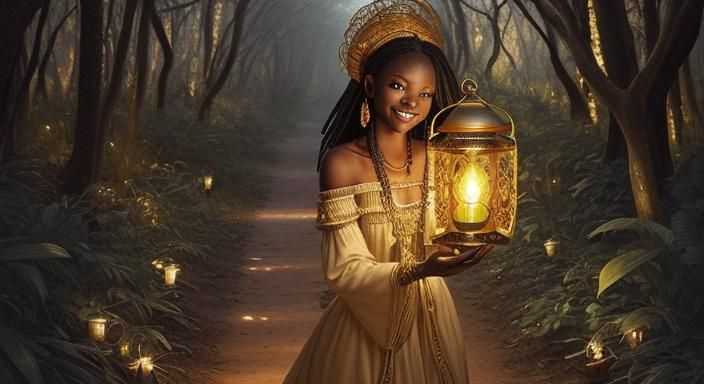Smiling African Angel with Golden Lantern