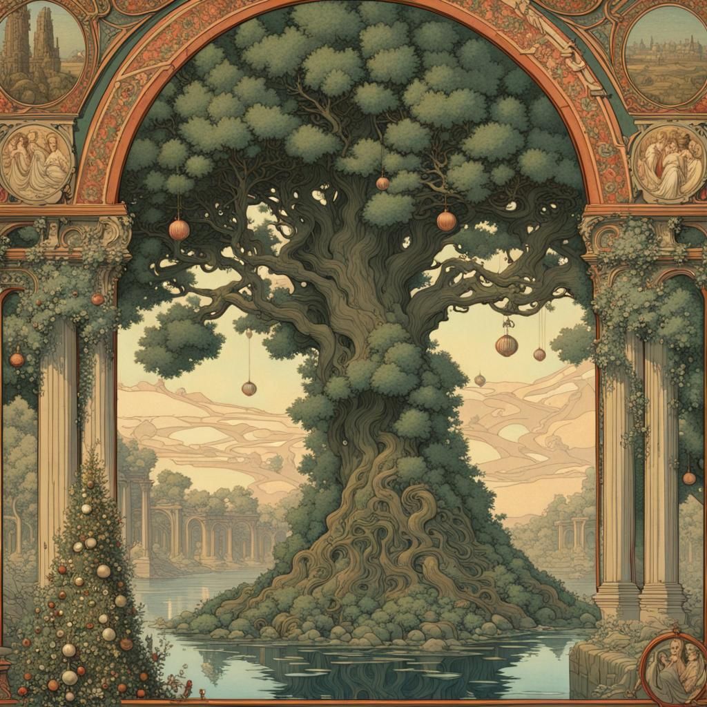 16k resolution, art by Gustave Doré, Alphonse Mucha, Katsushika Hokusai. Towering Christmas tree, structured like Ancien...