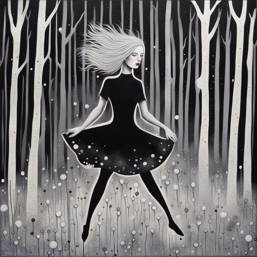 Whimsical Comic Book Art: Woman Dancing in Woods