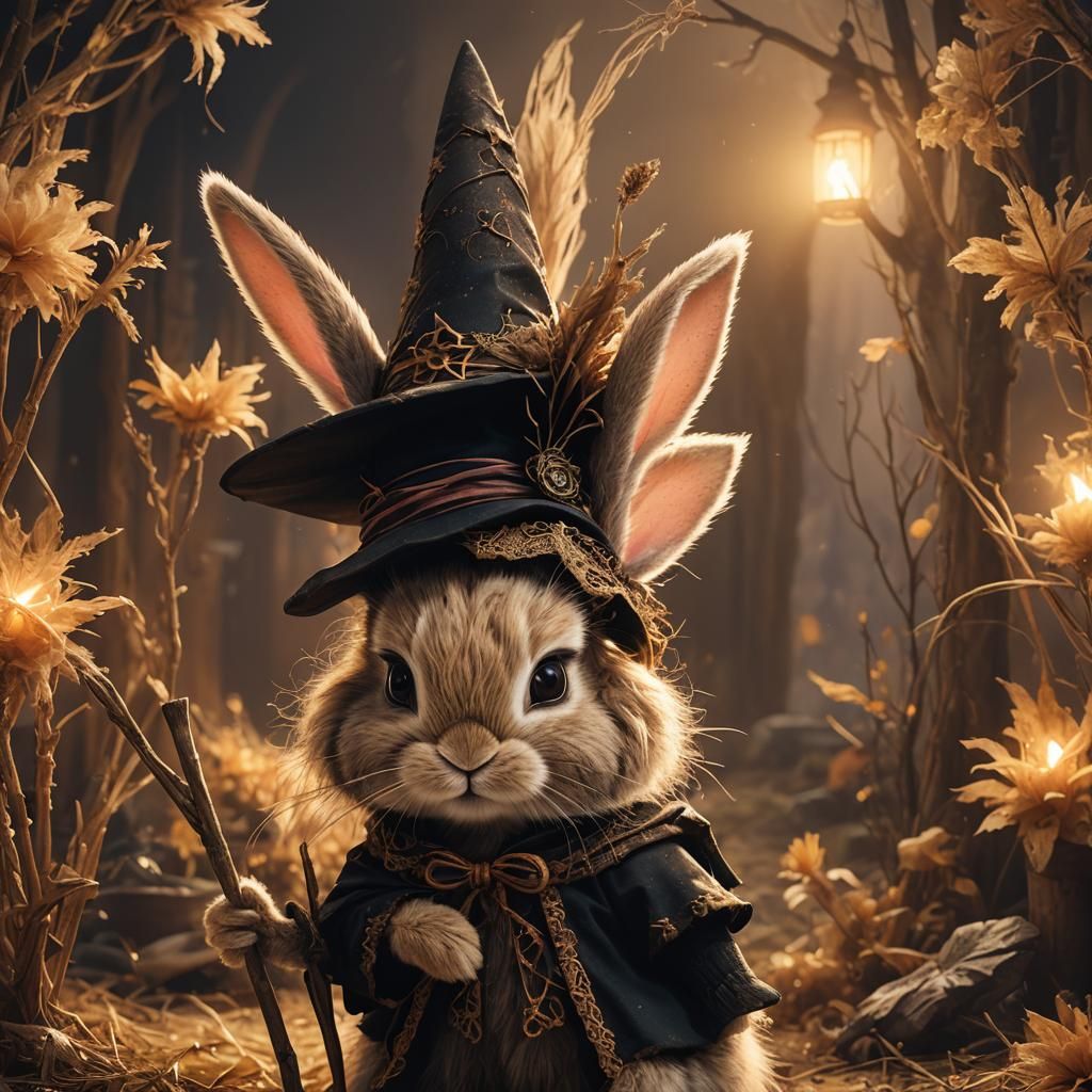 Whimsical Bunny Witch Portrait in Digital Painting Style