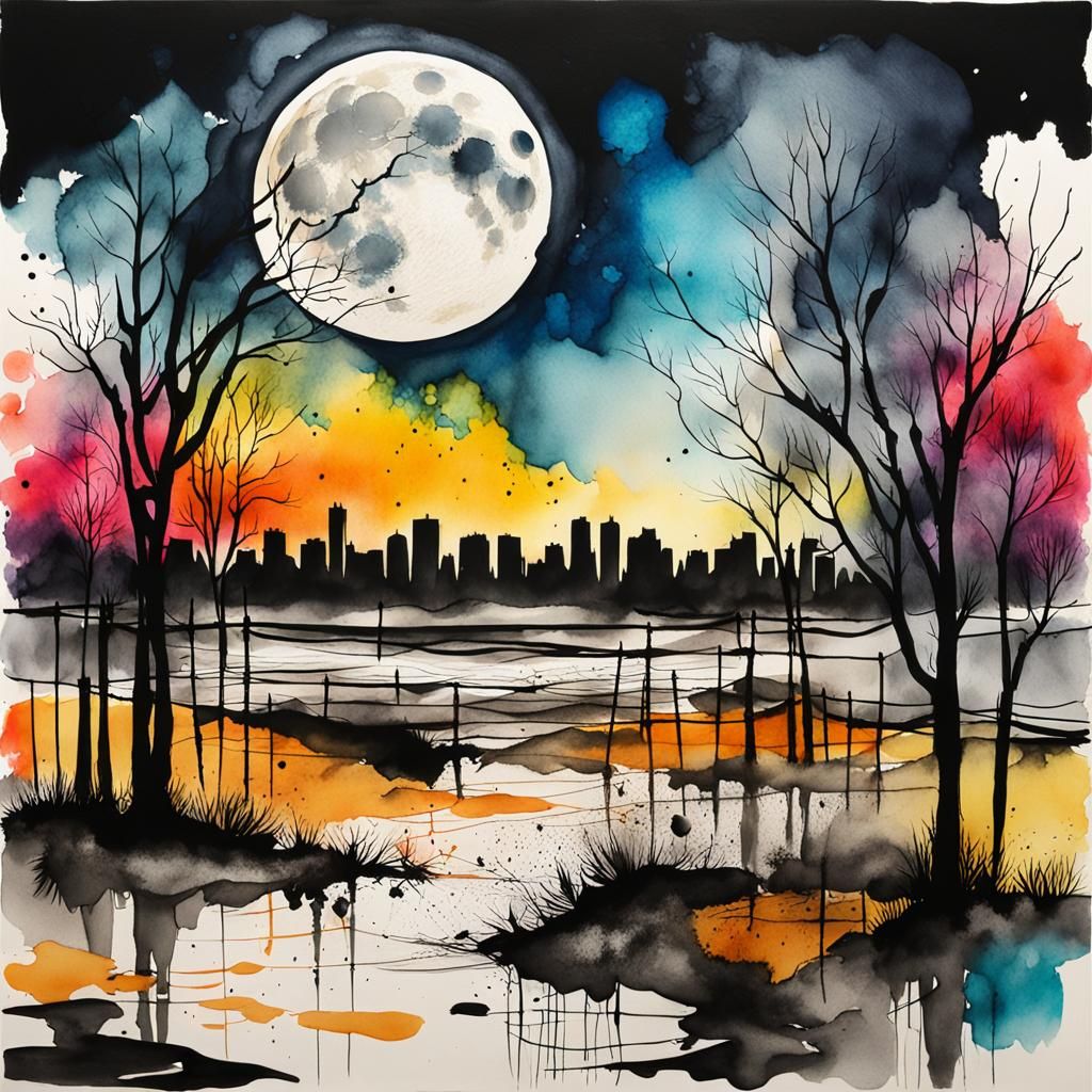 Ink Splash Art: Cityscape Under a Full Moon