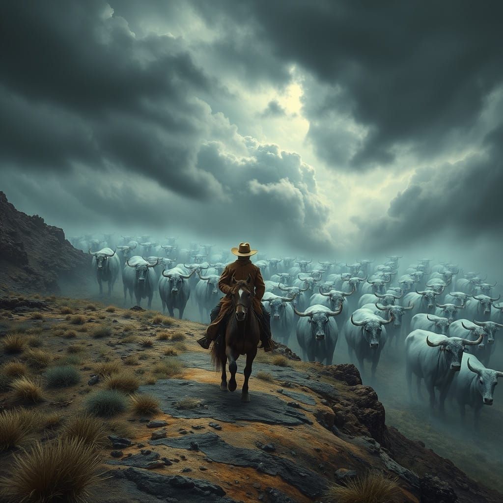 Ghostly Cattle Confront Cowboy in Dark, Surreal Landscape