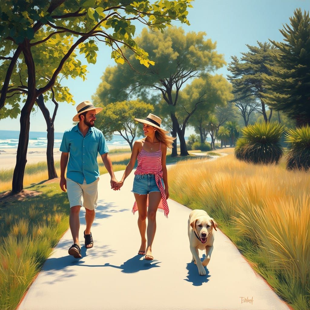 Couple Strolls Along Seaside Path in Impressionist Style