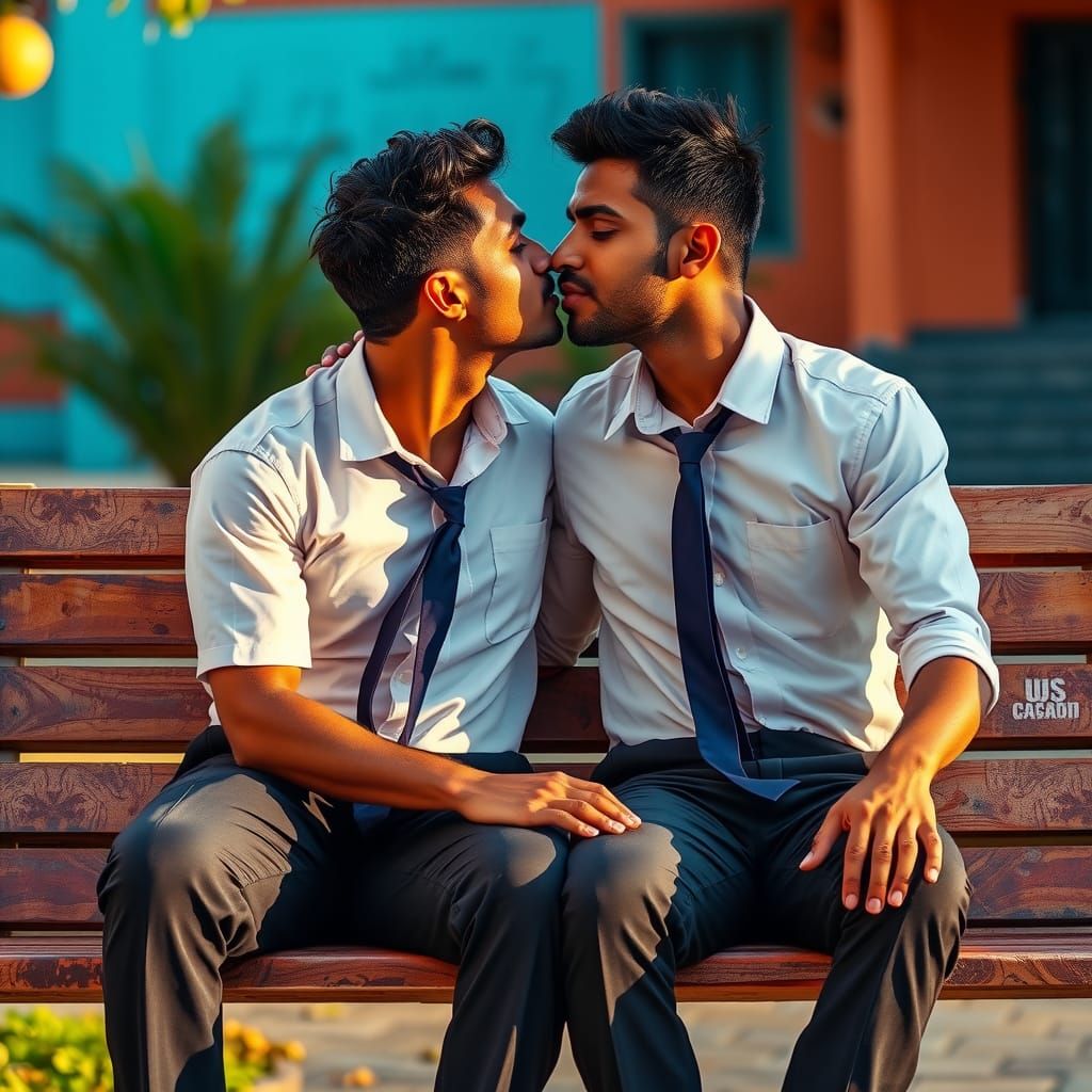 Romantic Kiss: Two Men in School Uniforms