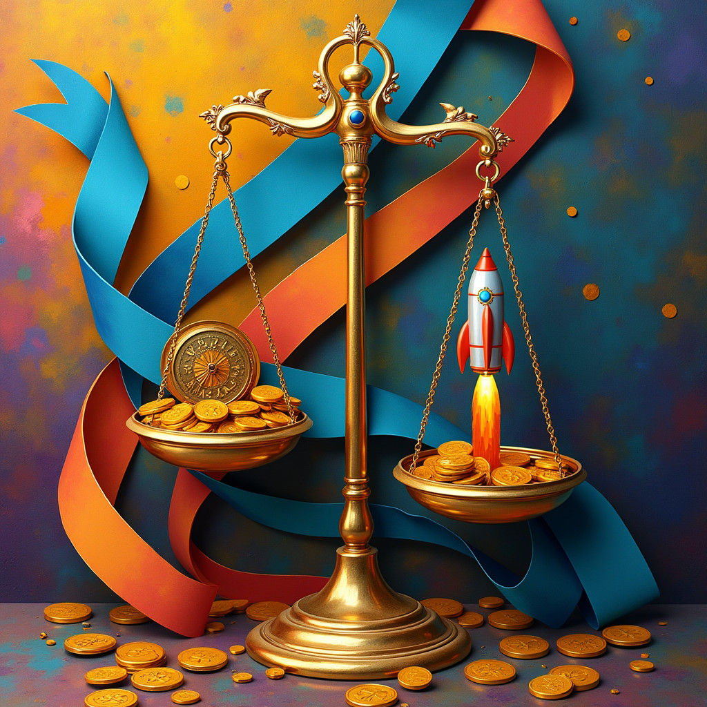 Geometric Scale with Coins and Rocket in Cubist Style