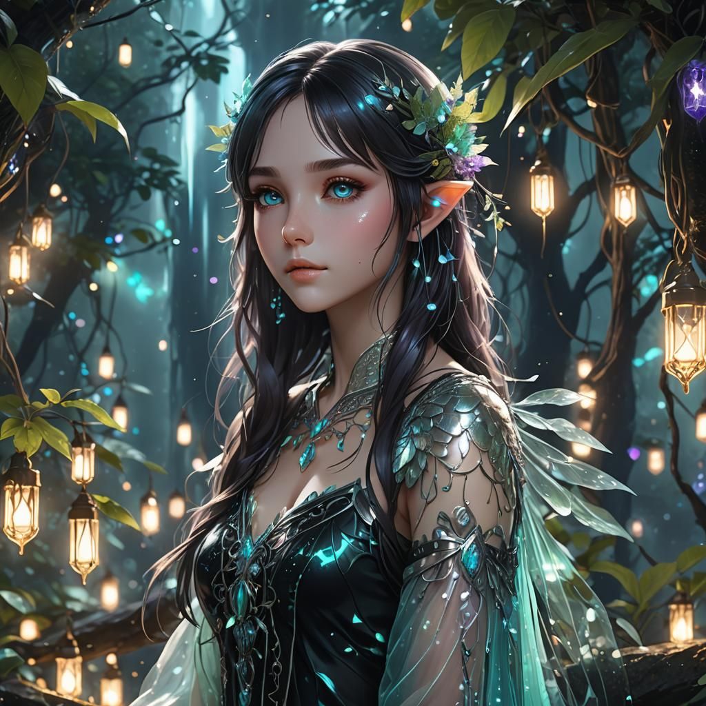 Iridescent Elf in Jungle Waterfall, Anime Style