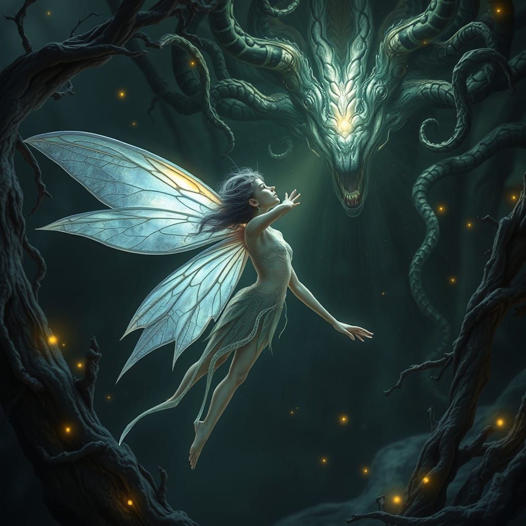 Iridescent Fairy Frozen in Terror by Medusa's Gaze in a Dark...
