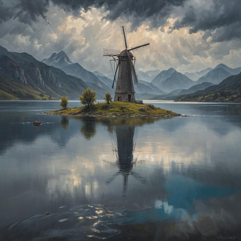 Surreal Windmill on Island in Stormy Landscape