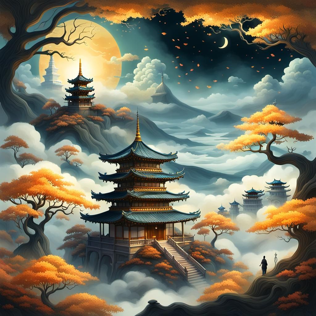 Mystical Pagoda in Ethereal Fantasy Landscape