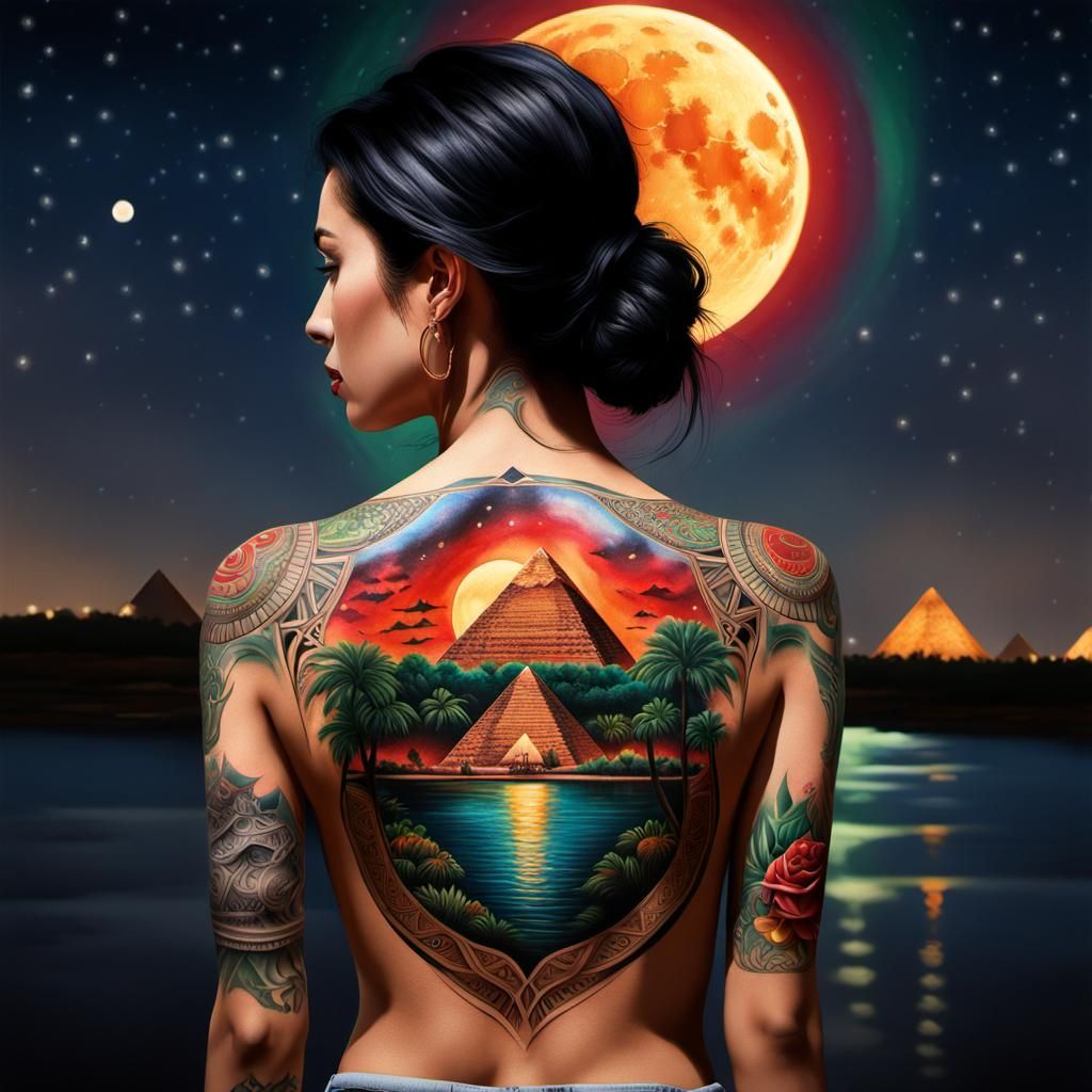 A hyper-realistic oil painting depicting a detailed tattoo d...