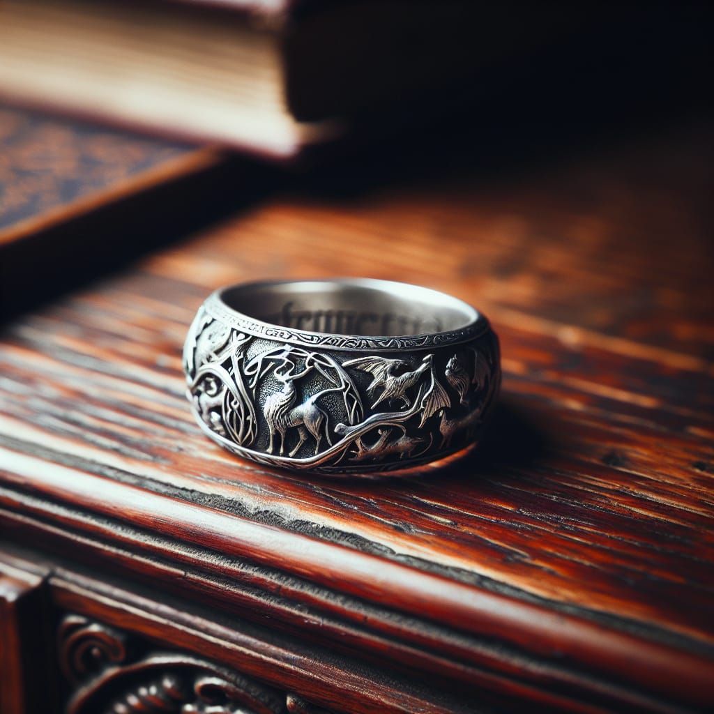 Antique Silver Elven Ring with Animal Carvings