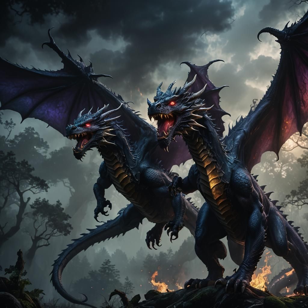 Two-Headed Dragon Roars in Mystical Forest: Digital Art