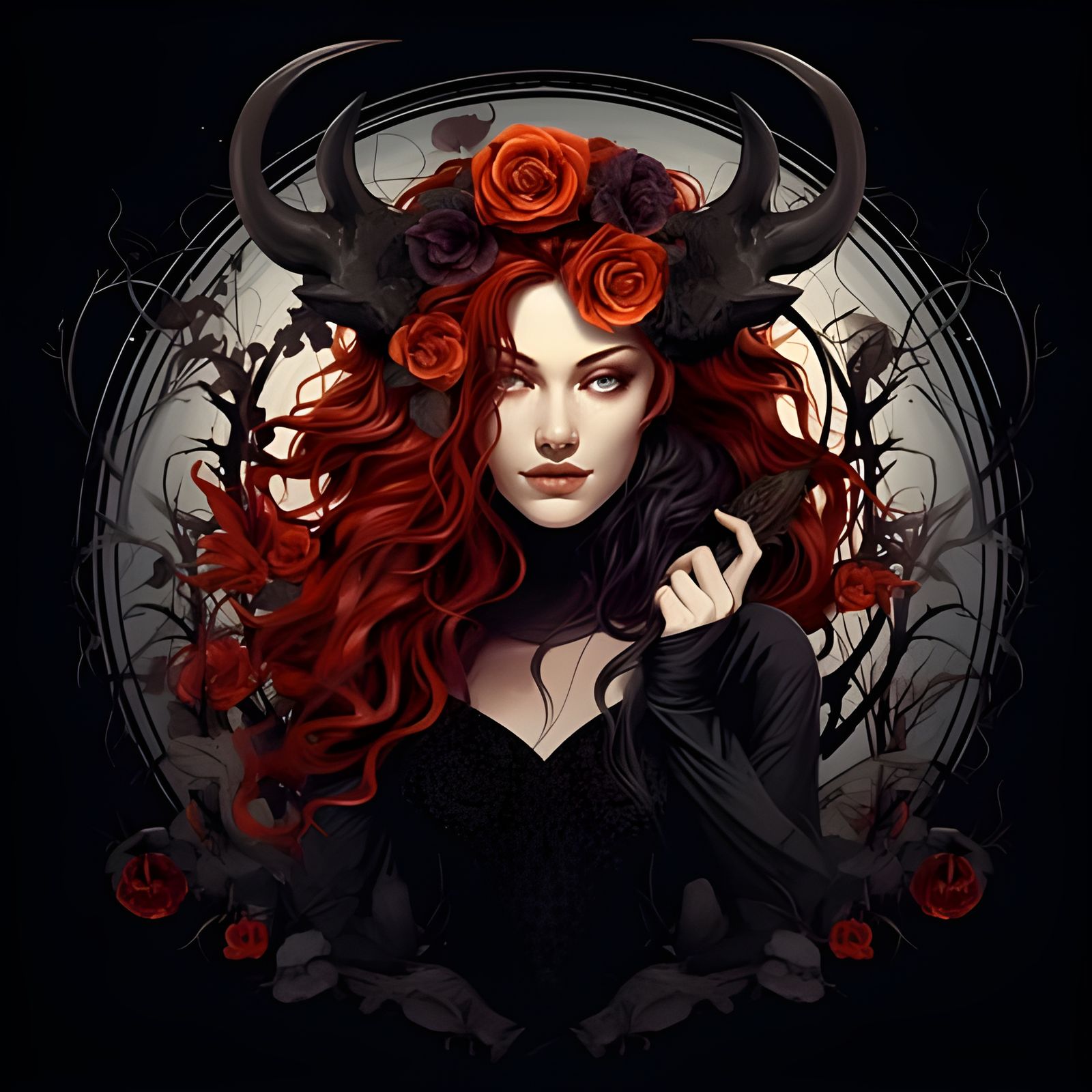 Voluptuous Horned Witch with Black Roses
