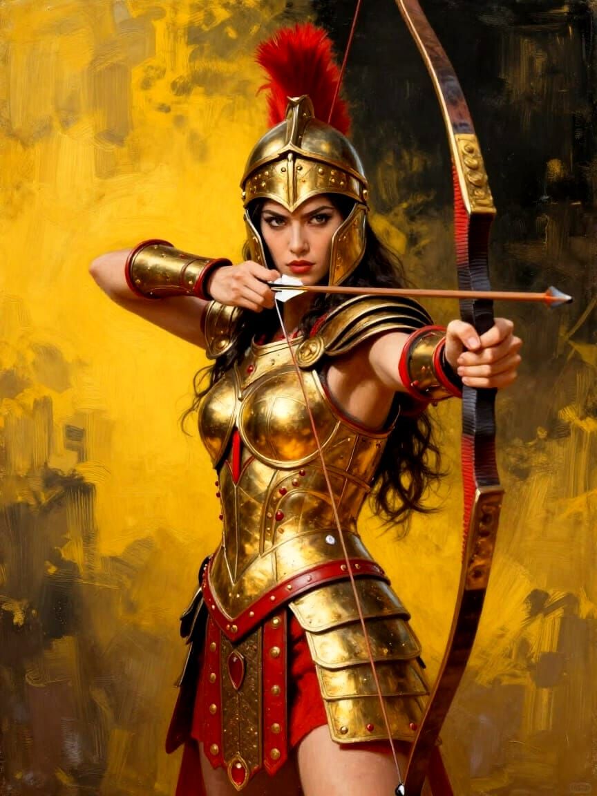 Attractive Woman Archer in Golden Armor, Painting Style