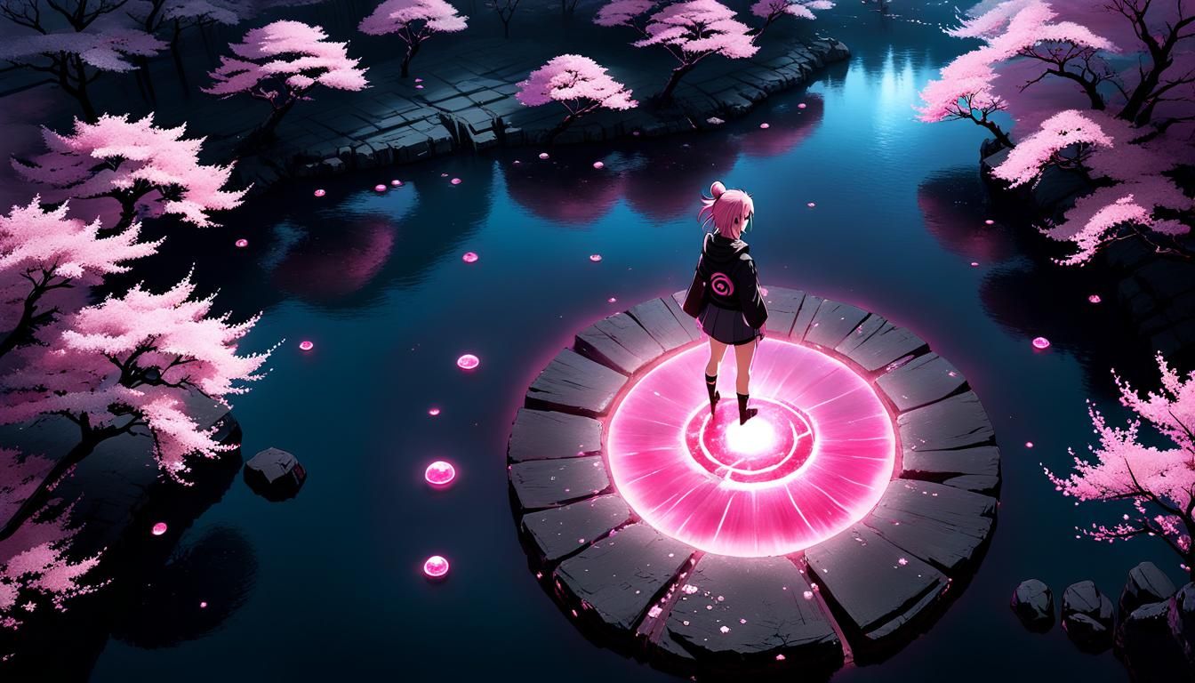 aerial view of beautyfull adult Sakura from Naruto surrounded by a bioluminescent pink glow ethereal magical chakra, cre...