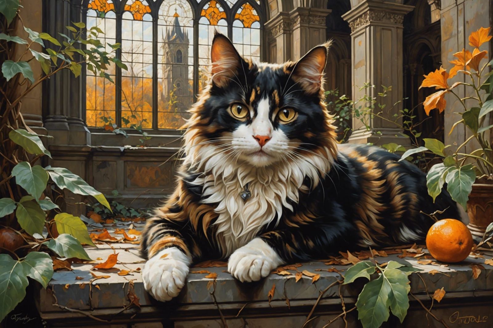 Calico Cat in Ruins: 19th Century Academic Style