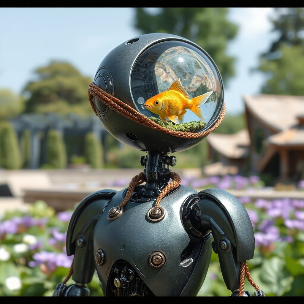 Titanium Robot with Crystal Head in Futuristic Garden