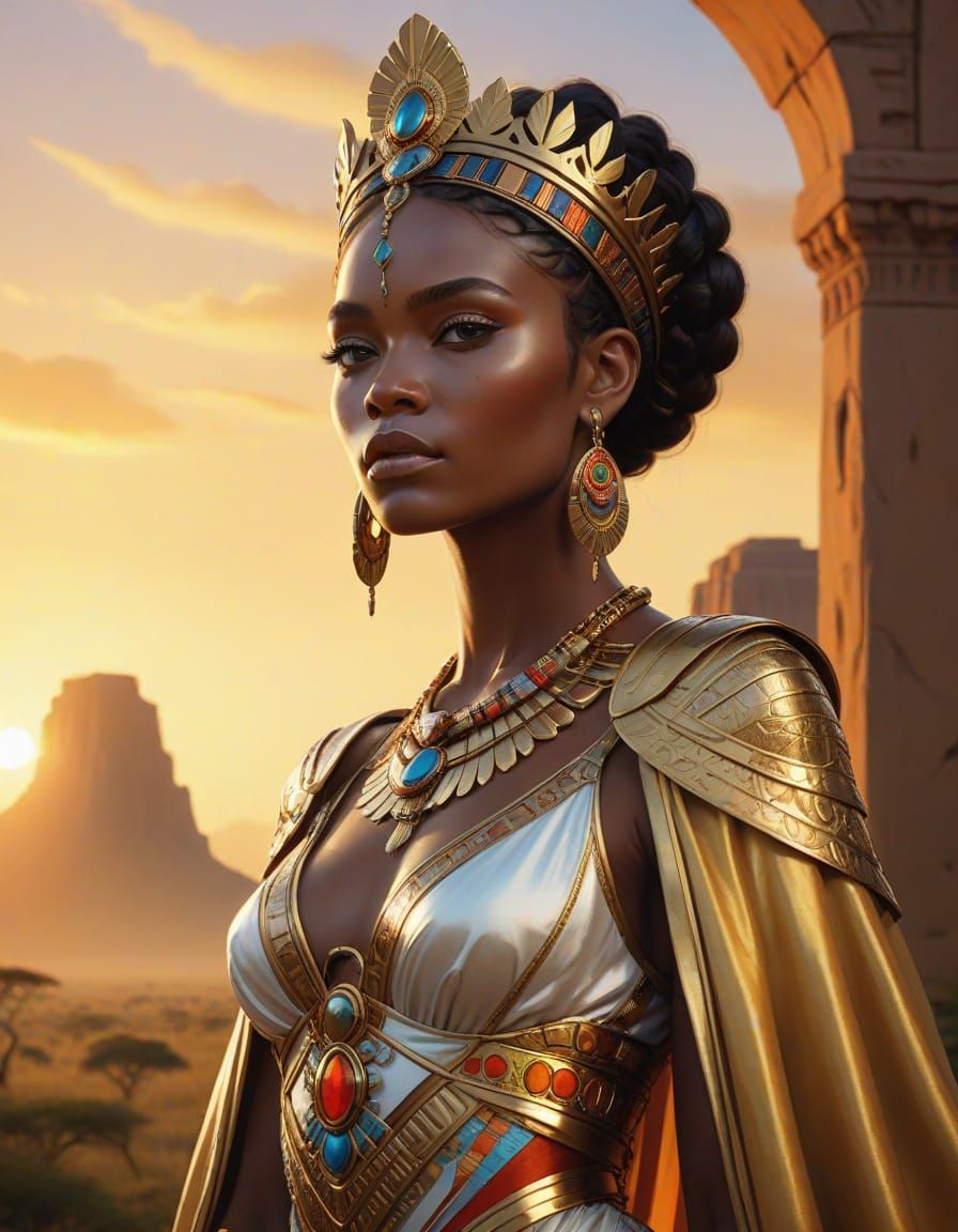 Regal African Queen Surveys Kingdom at Sunset
