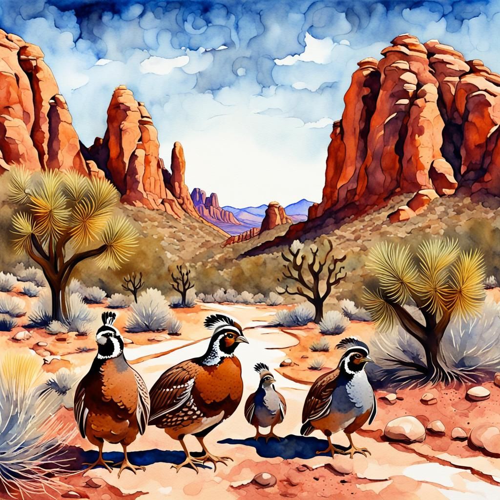 Quail Family in Red Rock Desert, Watercolor Style