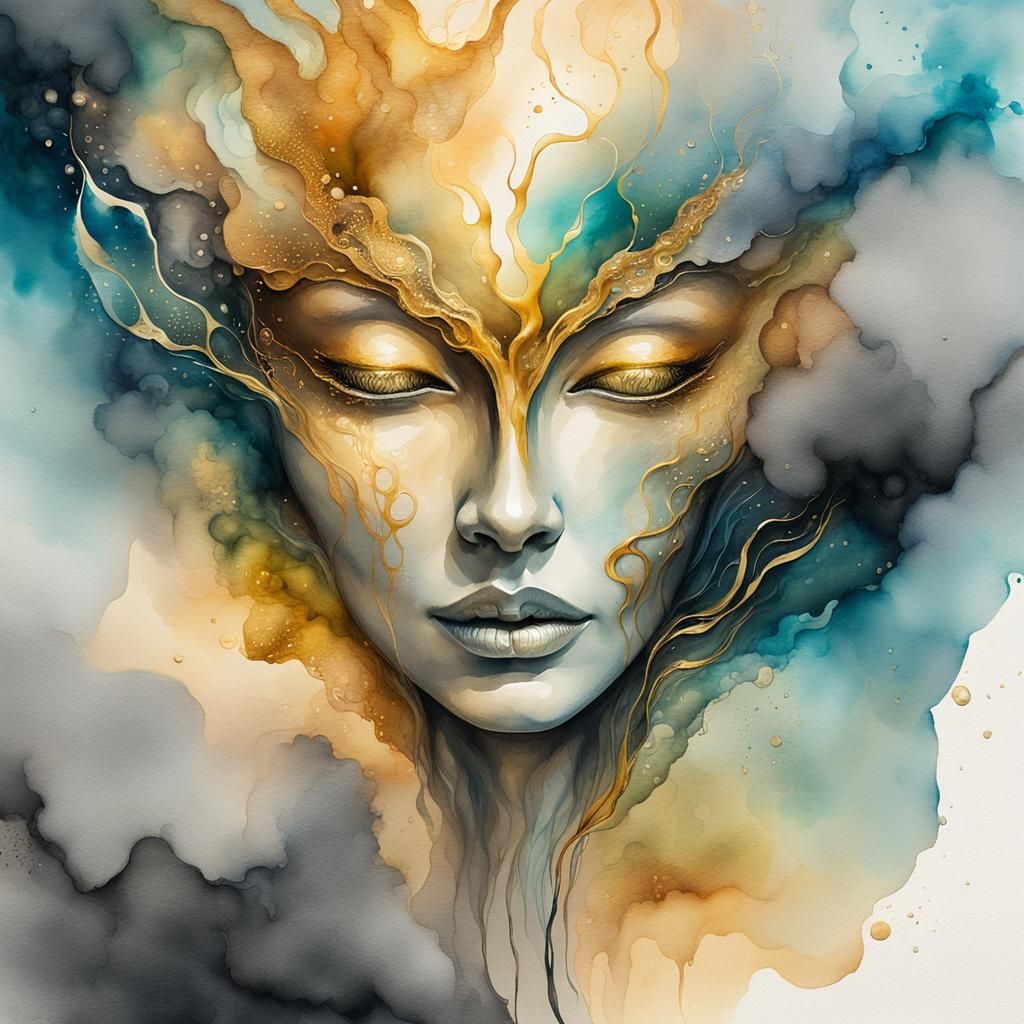 Surreal Alien Portrait in Watercolor with Gold Accents