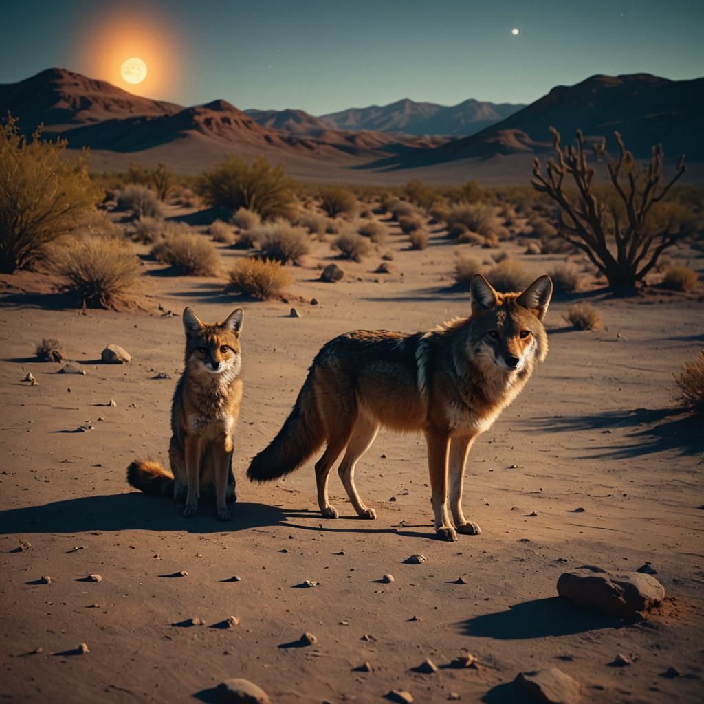 Coyote and Cat in Moonlit Desert Landscape