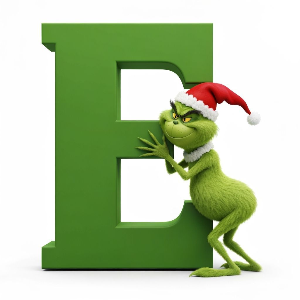 Grinch Interacting with Letter E on White Background