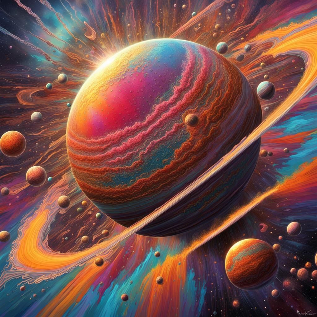 Ringed Planet Amidst Vibrant Pop Explosion