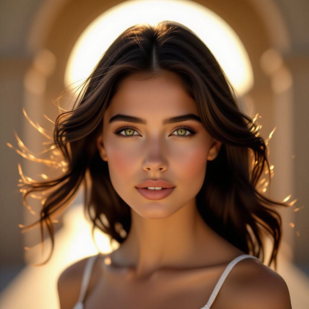 Golden Hour Portrait: Woman in Wind with Glowing Eyes