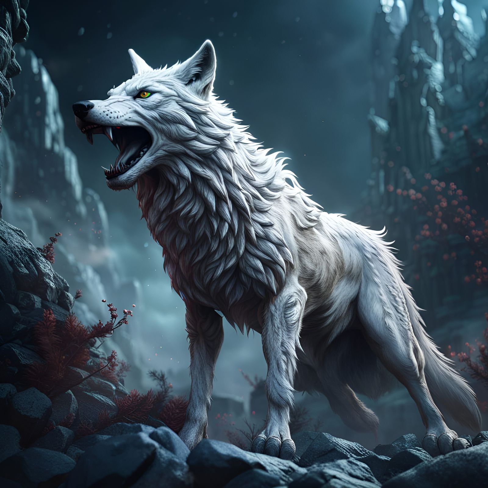 Fierce White Alpha Wolf in Detailed Matte Painting