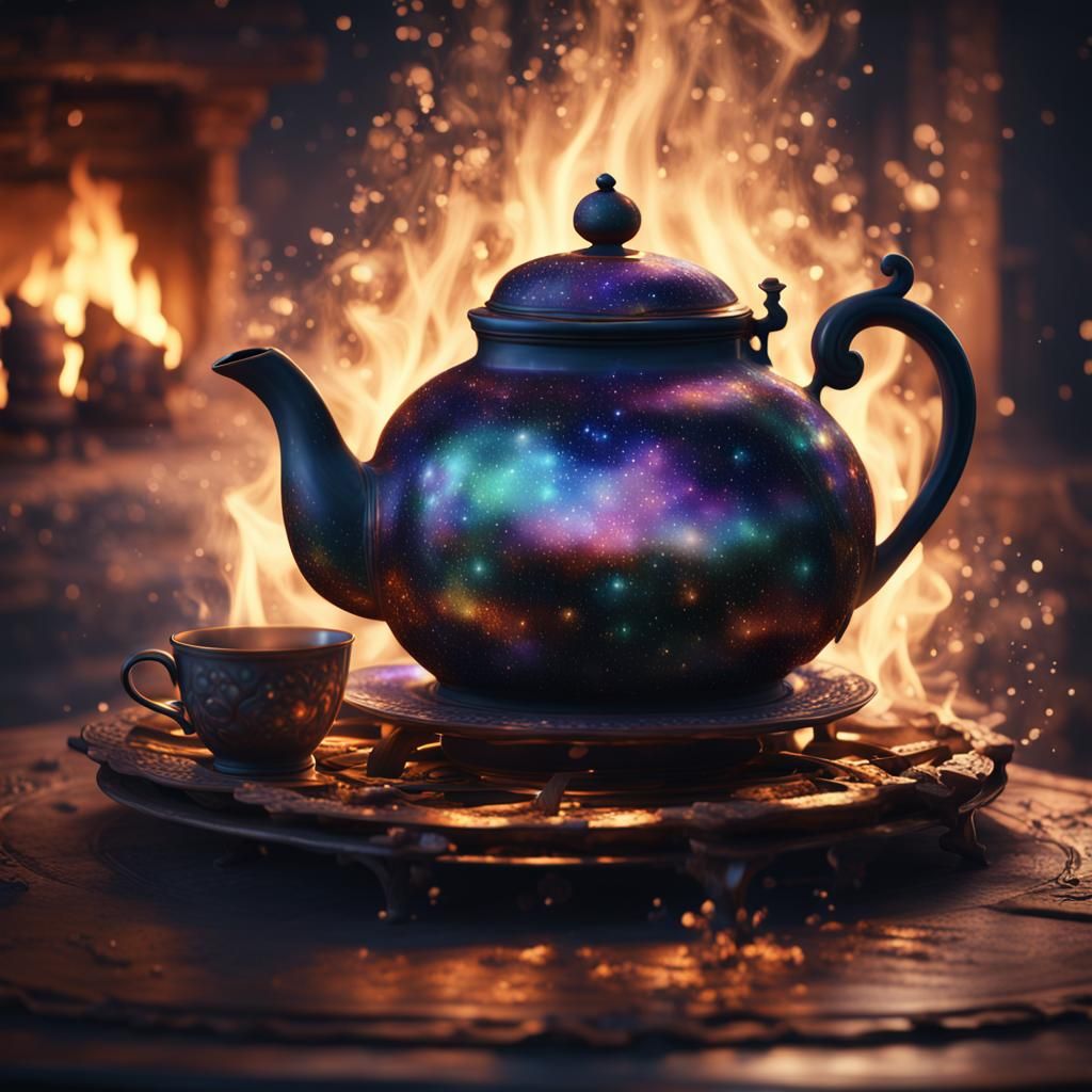 Iridescent Teapot on Hearth: Detailed Matte Painting