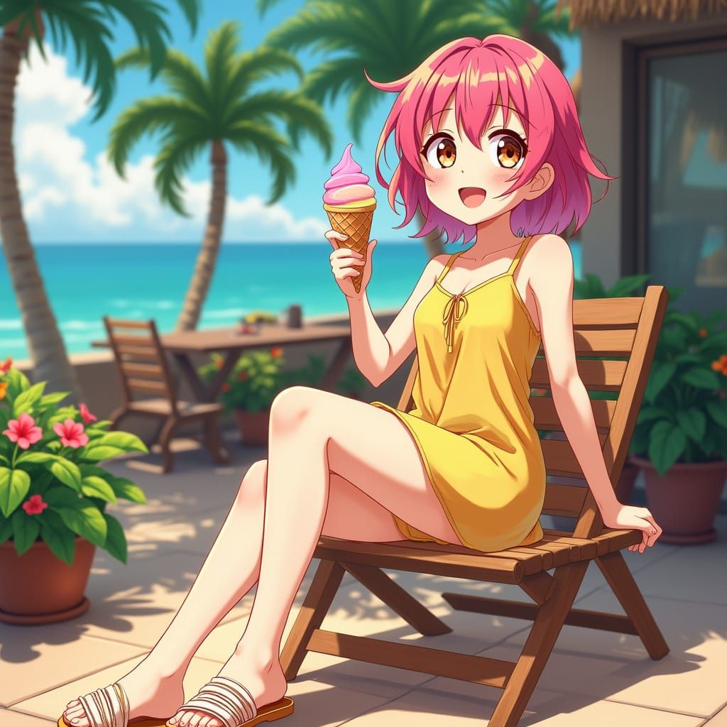 Vibrant Anime Girl at Tropical Resort Enjoying Pastel Ice Cr...