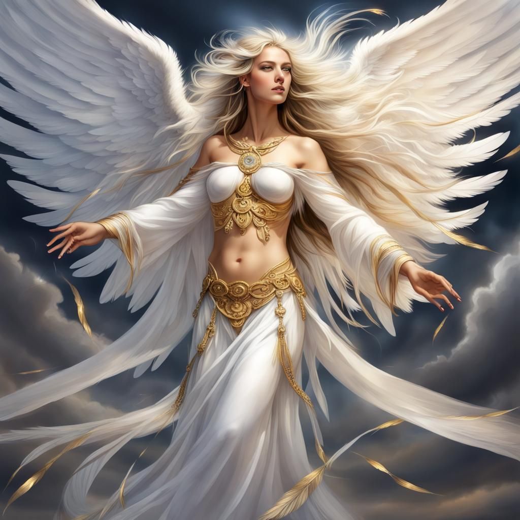 Photorealistic Angel with White Wings and Lightning