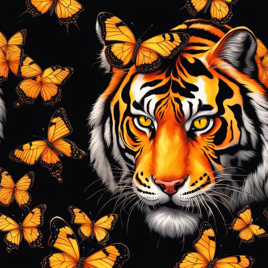 Electric Tiger with Butterflies on Black Background