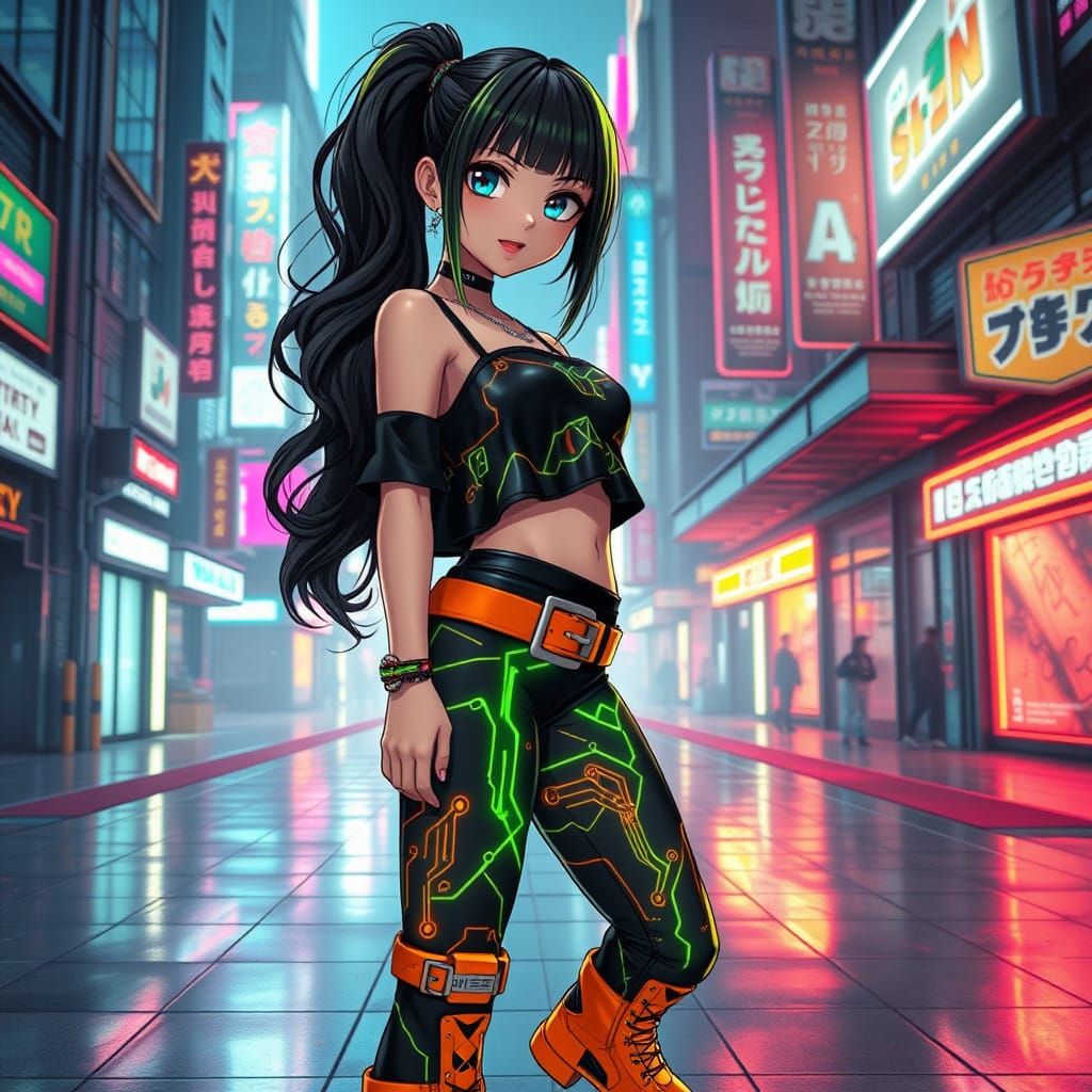 Cyberpunk Anime Fashion Goddess with Sparkling Eyes and Elec...