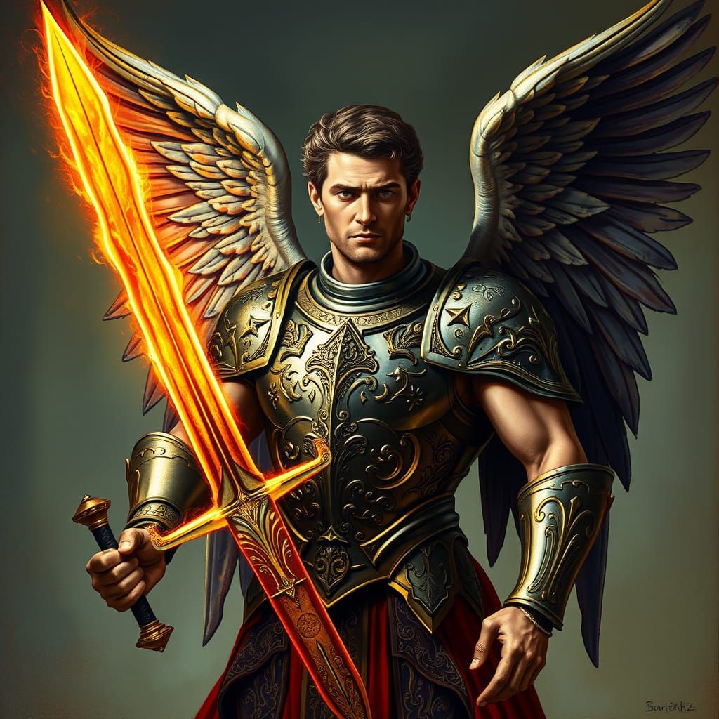 Renaissance Angel Descends with Flaming Sword in Majestic Gl...