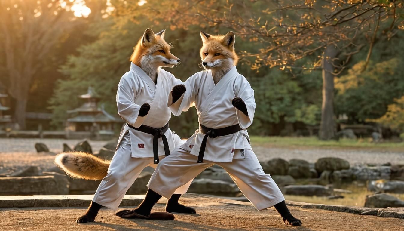 Fox Practicing Martial Arts Kata at Sunset