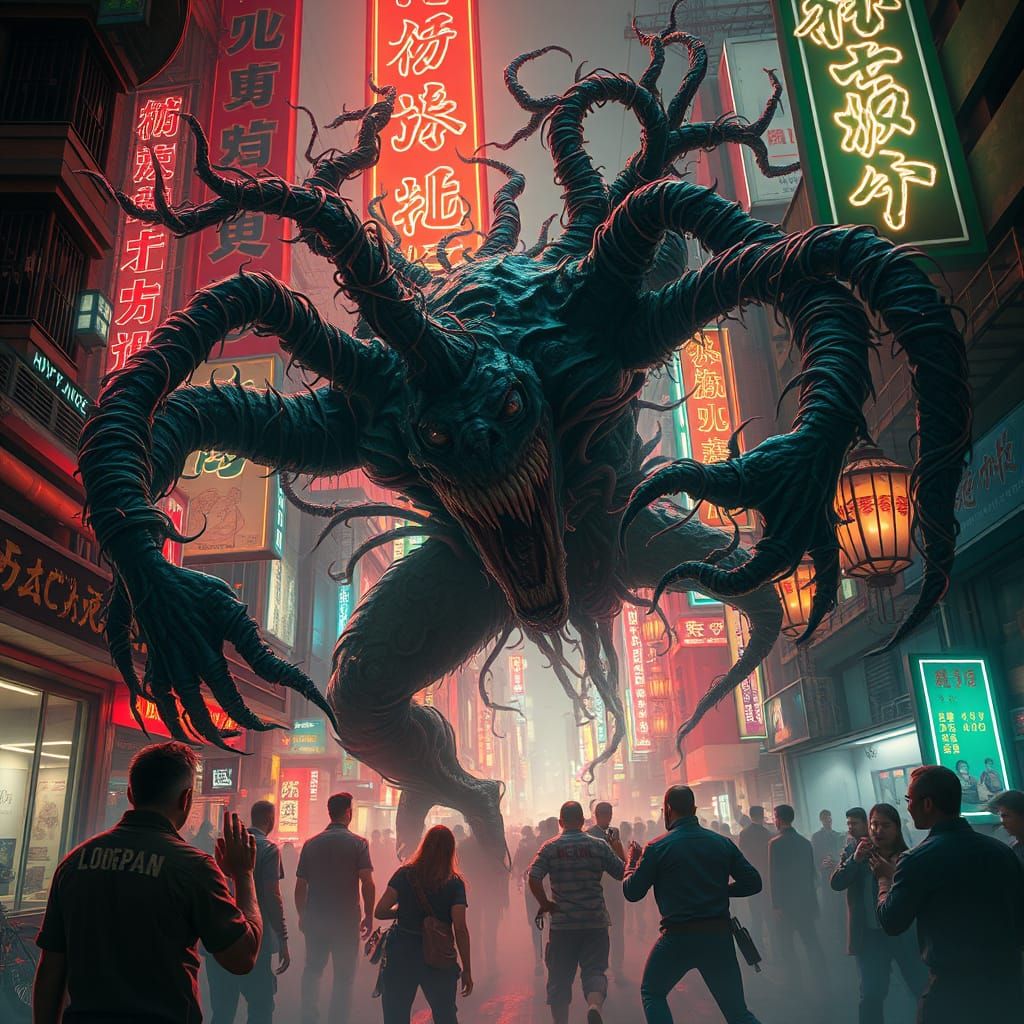 Grotesque Plant-Demon Hybrid in Neon Chinatown