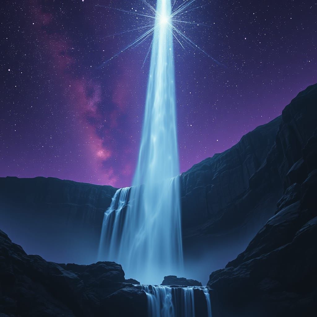 Gravity-Defying Waterfall Under Starry Night Sky