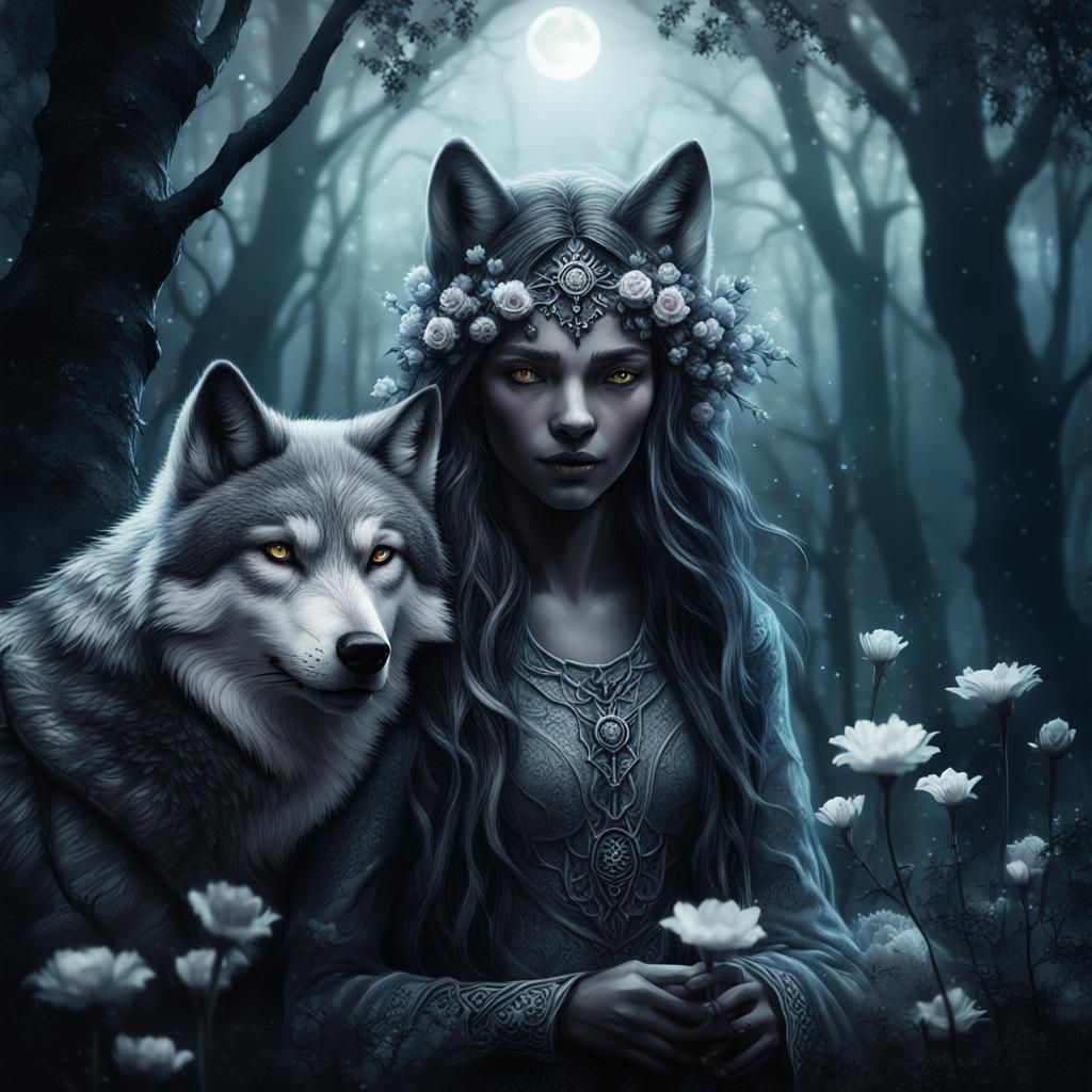 Wolf Woman in Dreamlike Forest: Dark Fantasy Illustration