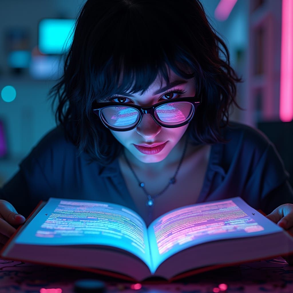 Woman Lost in Interactive Book Illuminated by AI Lights