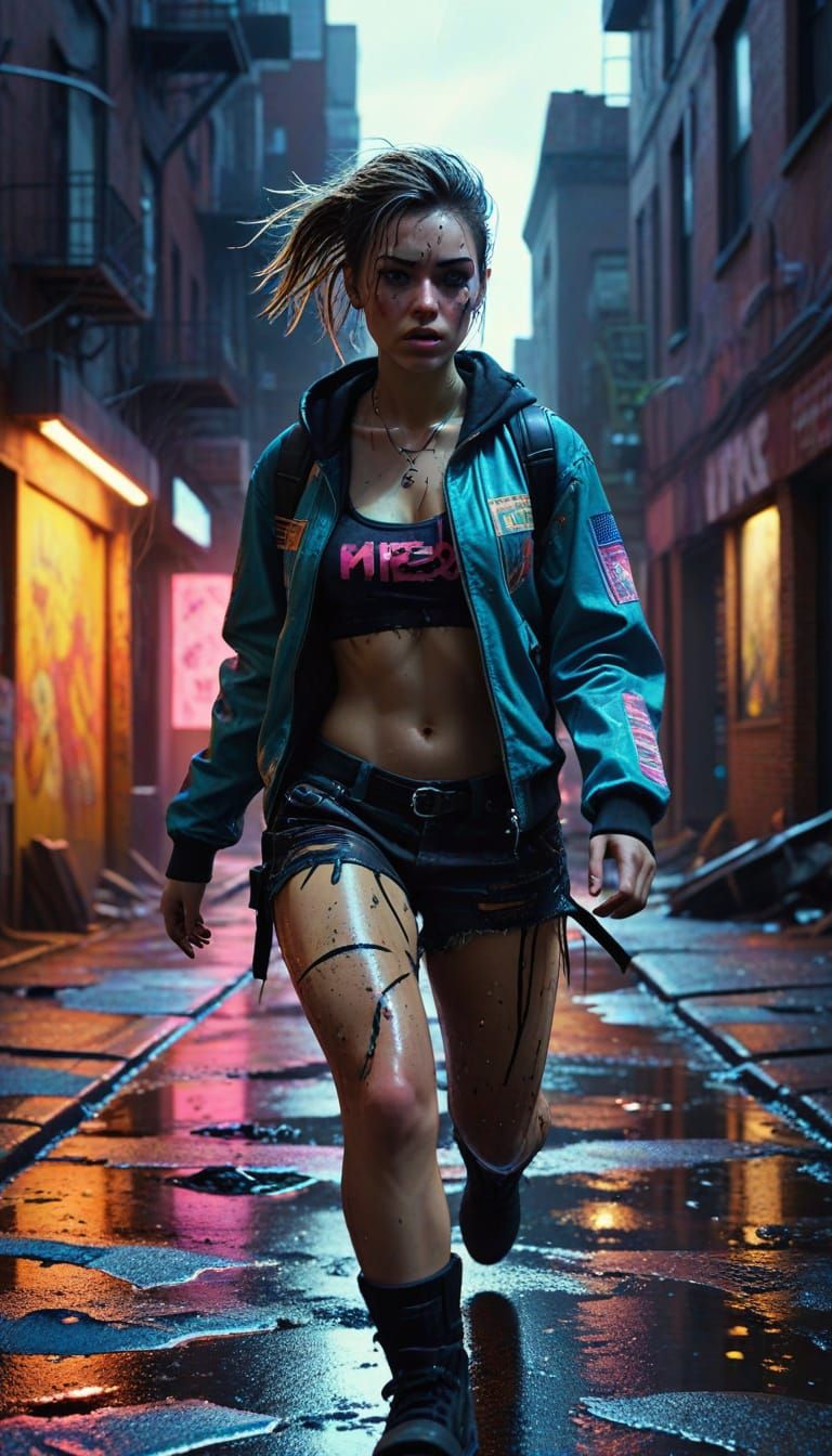Trashpunk Girl Runs Through Neon City